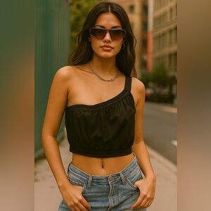 BAILEY/44 | Y2K Black Cotton One-Shoulder Crop Top